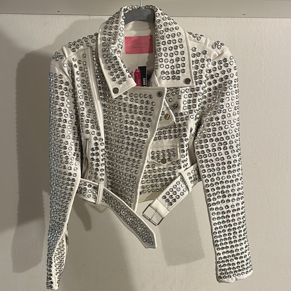 White and Silver Leather Moto Jacket with Asymmetrical Zipper